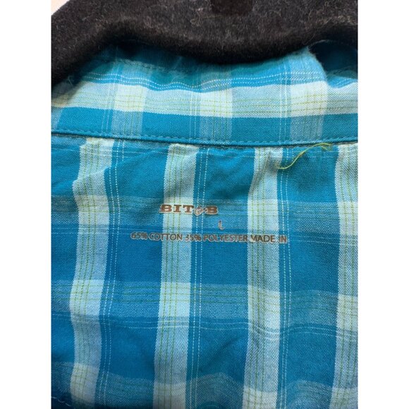Bit & Bridle Womens Button-Up Short Sleeve Shirt L Blue Plaid Embroidered Accent - Picture 2 of 9